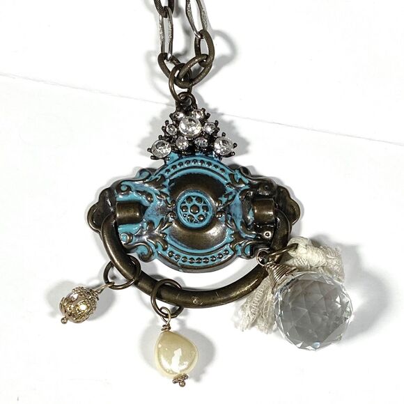 Victorian Style Necklace Antiqued Door Knocker Charms Rhinestone Chunky Handmade - Picture 9 of 13